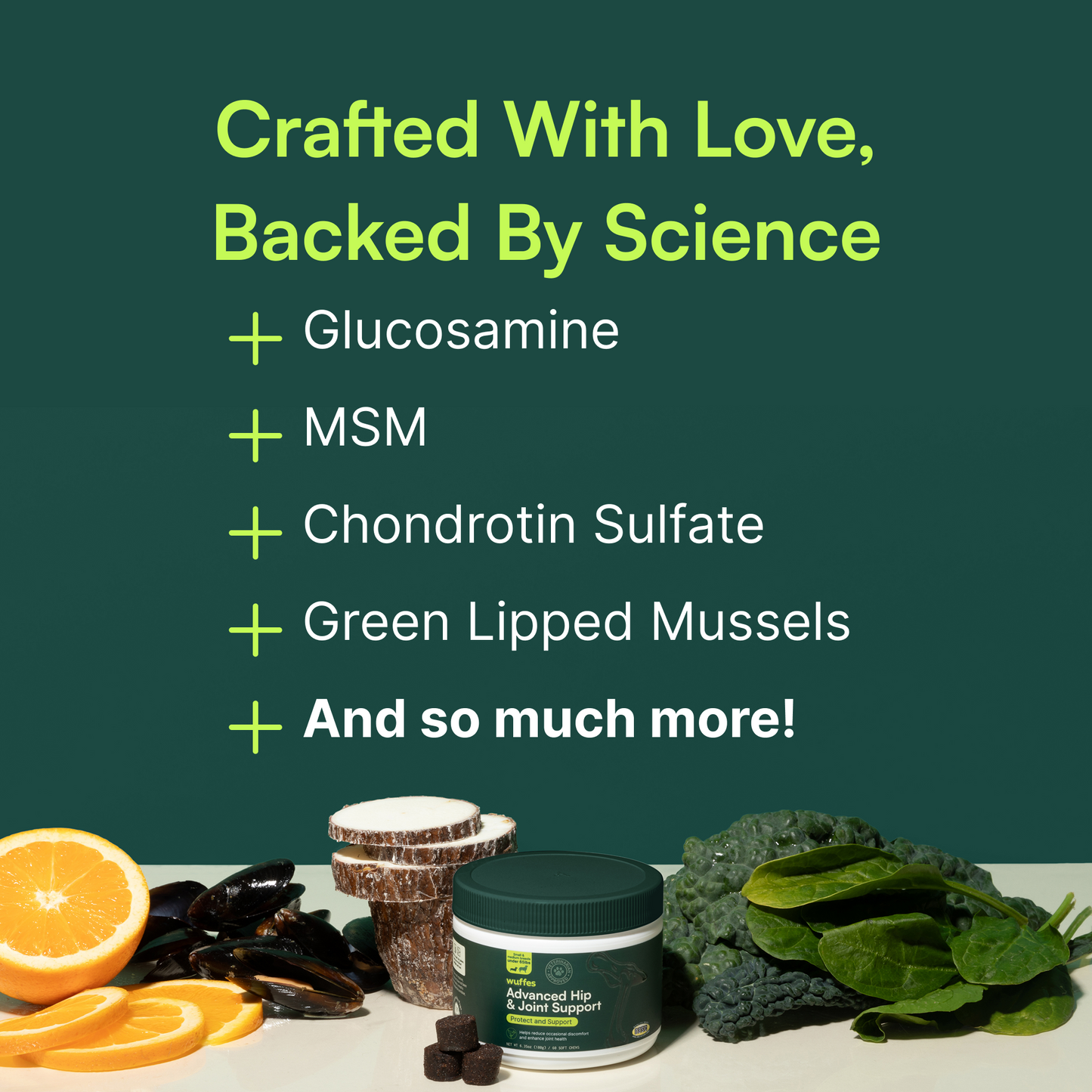 "Protect your dog's joints and hips naturally with Wuffu's New Zealand Green-Lipped Mussel"